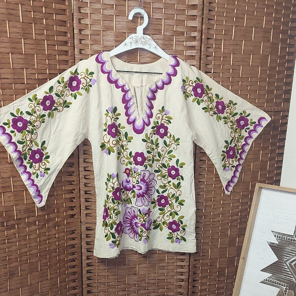 Vintage 70s Peacock Tunic, Purple, Angel Wing, Hippie, Boho - Picture 14 of 16